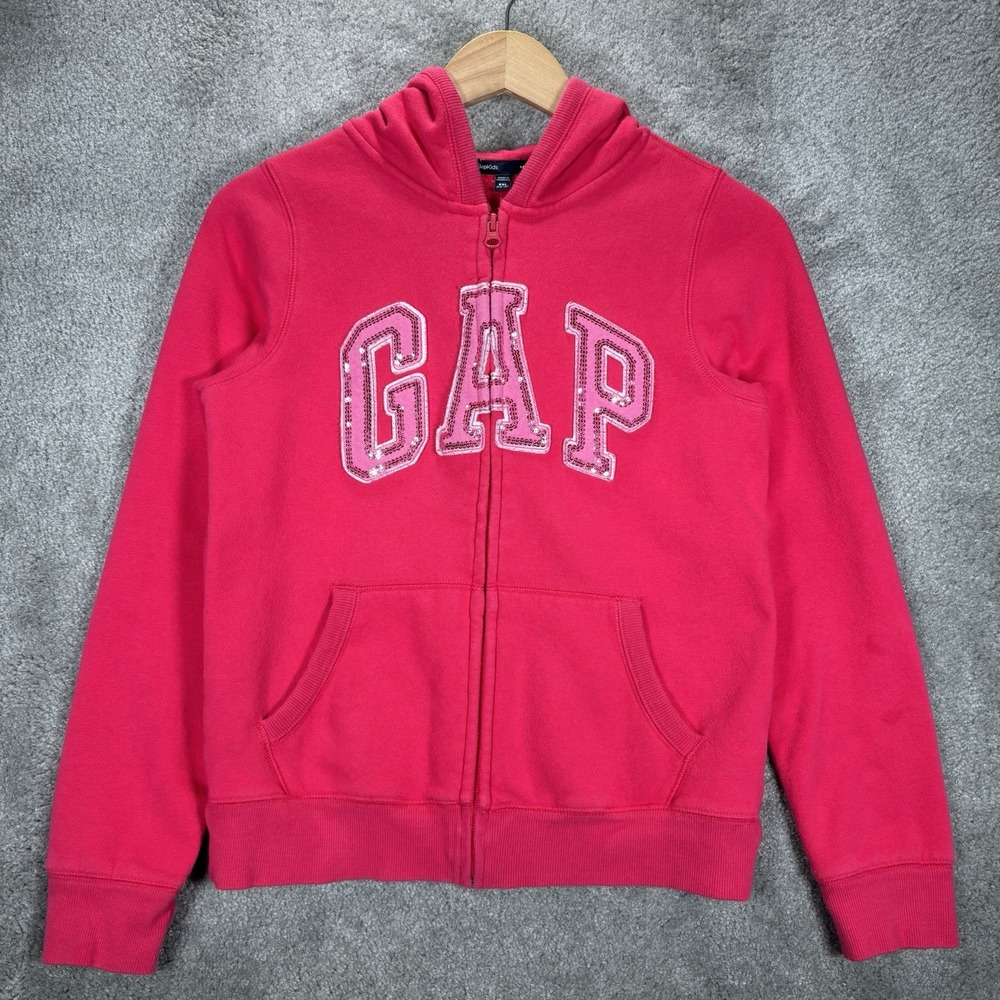 GAP Hoodie Sweatshirt Youth Girl 2XL Pink Fleece Full Zip Sequin Embroidered Y2K